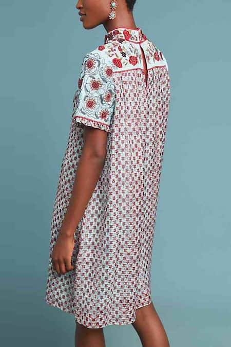 Shop Bhanuni By Jyoti Blue Viscose Band Collar Floral Printed Short Dress at Aza Fashions Shop_Bhanuni By Jyoti_Blue Viscose Band Collar Floral Printed Short Dress _at_Aza_Fashions