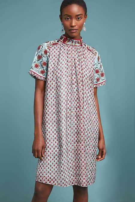 Bhanuni By Jyoti Blue Viscose Band Collar Floral Printed Short Dress