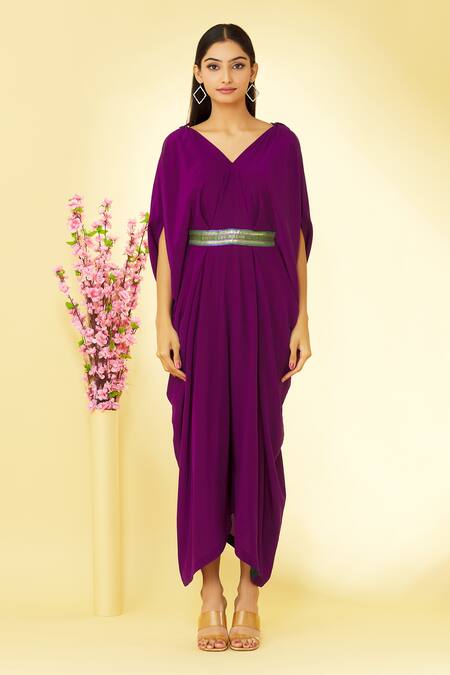 Megha Garg Purple Pure Crepe V Neck Cowl Draped Jumpsuit at Aza Fashions Megha Garg_Purple Pure Crepe V Neck Cowl Draped Jumpsuit _at_Aza_Fashions