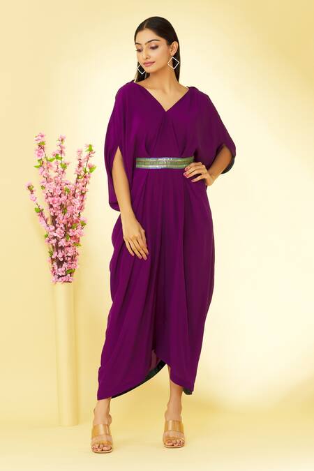 Buy Megha Garg Purple Pure Crepe V Neck Cowl Draped Jumpsuit Online at Aza Fashions Buy_Megha Garg_Purple Pure Crepe V Neck Cowl Draped Jumpsuit _Online_at_Aza_Fashions