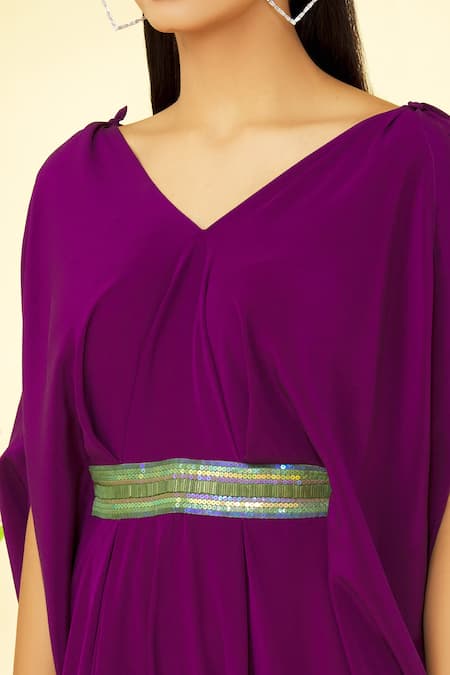 Shop Megha Garg Purple Pure Crepe V Neck Cowl Draped Jumpsuit Online at Aza Fashions Shop_Megha Garg_Purple Pure Crepe V Neck Cowl Draped Jumpsuit _Online_at_Aza_Fashions