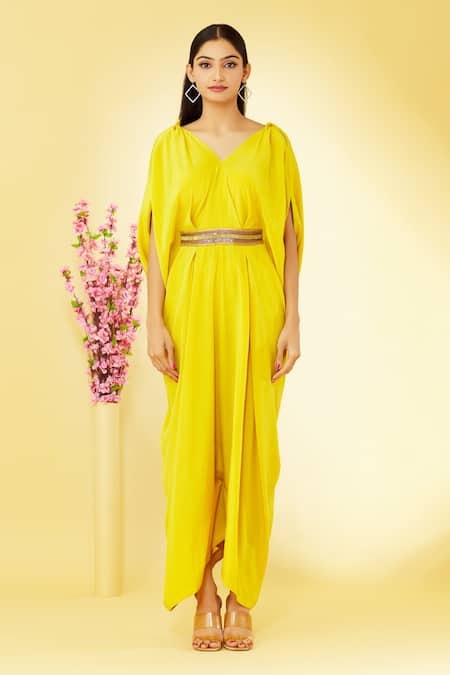 Megha Garg Yellow Pure Crepe V Neck Cowl Draped Jumpsuit at Aza Fashions Megha Garg_Yellow Pure Crepe V Neck Cowl Draped Jumpsuit _at_Aza_Fashions