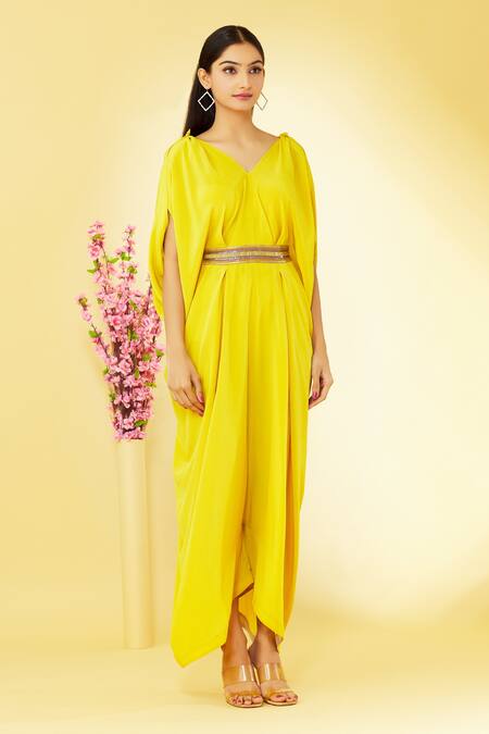 Megha Garg Yellow Pure Crepe V Neck Cowl Draped Jumpsuit Online at Aza Fashions Megha Garg_Yellow Pure Crepe V Neck Cowl Draped Jumpsuit _Online_at_Aza_Fashions