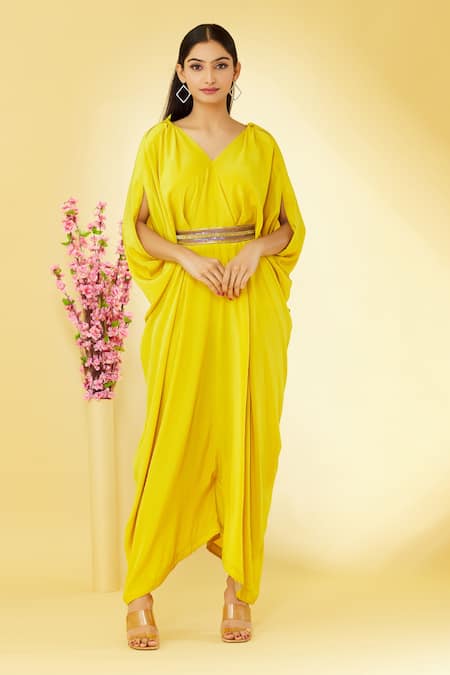 Buy Megha Garg Yellow Pure Crepe V Neck Cowl Draped Jumpsuit Online at Aza Fashions Buy_Megha Garg_Yellow Pure Crepe V Neck Cowl Draped Jumpsuit _Online_at_Aza_Fashions