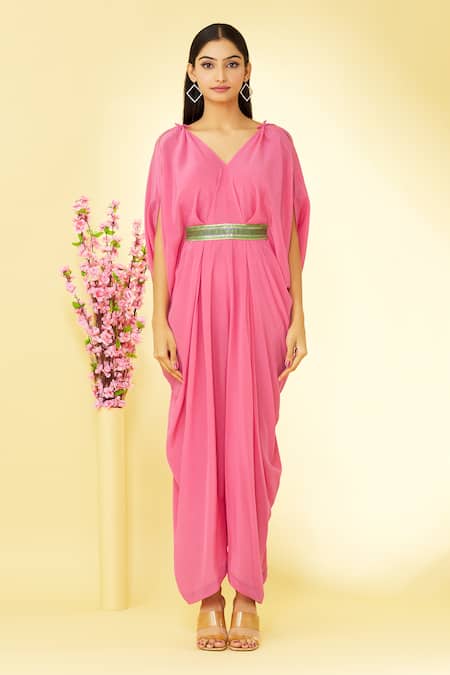 Megha Garg Pink Pure Crepe V Neck Cowl Draped Jumpsuit at Aza Fashions Megha Garg_Pink Pure Crepe V Neck Cowl Draped Jumpsuit _at_Aza_Fashions