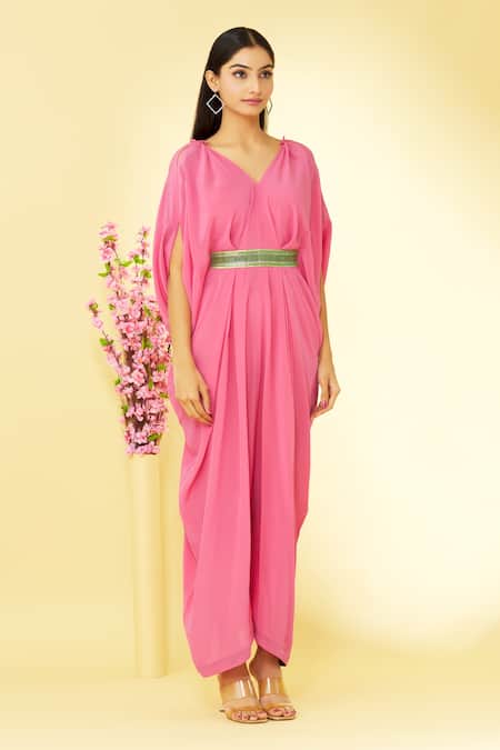 Megha Garg Pink Pure Crepe V Neck Cowl Draped Jumpsuit Online at Aza Fashions Megha Garg_Pink Pure Crepe V Neck Cowl Draped Jumpsuit _Online_at_Aza_Fashions