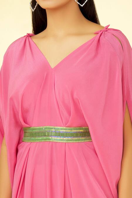 Buy Megha Garg Pink Pure Crepe V Neck Cowl Draped Jumpsuit Online at Aza Fashions Buy_Megha Garg_Pink Pure Crepe V Neck Cowl Draped Jumpsuit _Online_at_Aza_Fashions