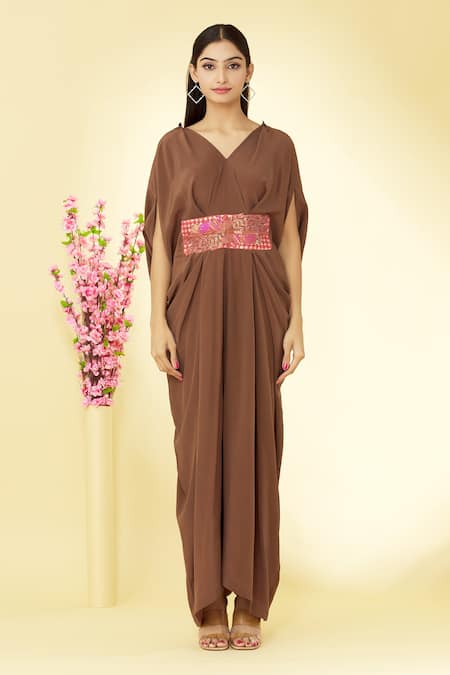 Megha Garg Brown Pure Crepe V Neck Draped Jumpsuit at Aza Fashions Megha Garg_Brown Pure Crepe V Neck Draped Jumpsuit _at_Aza_Fashions