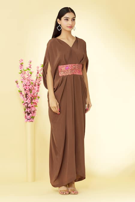 Megha Garg Brown Pure Crepe V Neck Draped Jumpsuit Online at Aza Fashions Megha Garg_Brown Pure Crepe V Neck Draped Jumpsuit _Online_at_Aza_Fashions