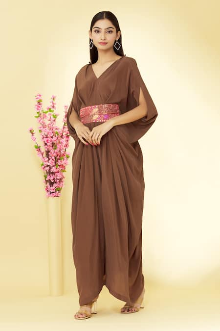 Shop Megha Garg Brown Pure Crepe V Neck Draped Jumpsuit Online at Aza Fashions Shop_Megha Garg_Brown Pure Crepe V Neck Draped Jumpsuit _Online_at_Aza_Fashions