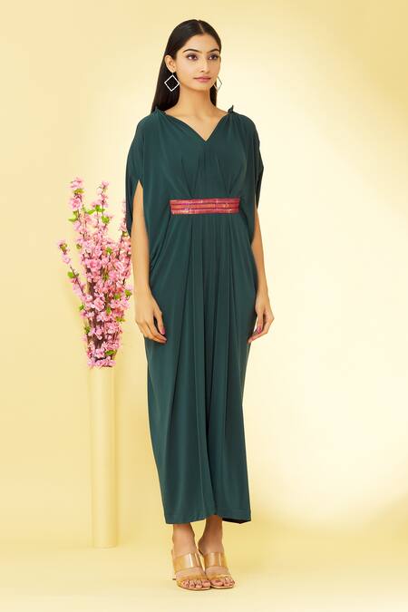 Megha Garg_Green Lycra V Neck Draped Split Sleeve Jumpsuit _Online_at_Aza_Fashions