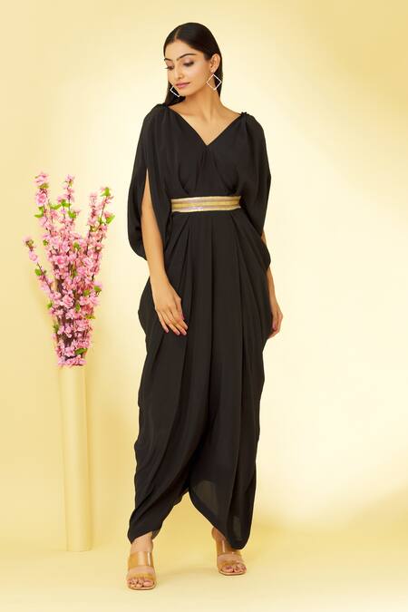 Shop Megha Garg Black Pure Crepe V Neck Jumpsuit Online at Aza Fashions Shop_Megha Garg_Black Pure Crepe V Neck Jumpsuit _Online_at_Aza_Fashions