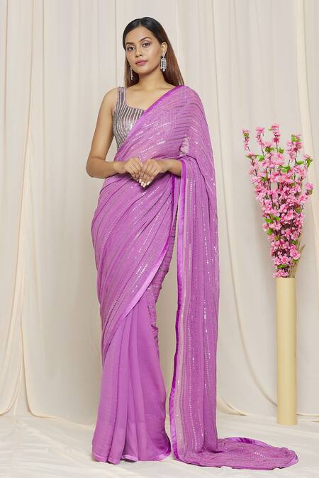 Shop Yoshita Couture Purple Satin, Shantoon, Bag- Georgette, Blouse - Jessica Linear Embroidered Online at Aza Fashions Shop_Yoshita Couture_Purple Satin, Shantoon, Bag- Georgette, Blouse - Jessica Linear Embroidered _Online_at_Aza_Fashions