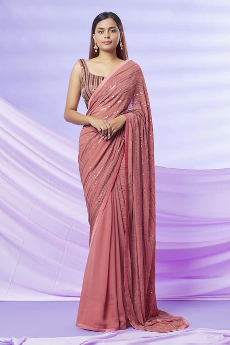 Yoshita Couture Pink Satin, Shantoon, Bag- Georgette, Blouse - Laila Linear Embroidered at Aza Fashions Yoshita Couture_Pink Satin, Shantoon, Bag- Georgette, Blouse - Laila Linear Embroidered _at_Aza_Fashions