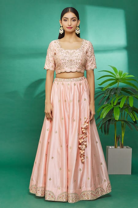 Buy_Surbhi Shah_Peach Dupatta Organza, Lehenga And Blouse Spun Hand Embroidered Set _Online_at_Aza_Fashions