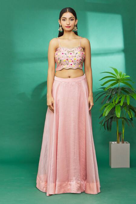 Buy_Surbhi Shah_Pink Jacket And Bustier Pure Spun Silk, Lehenga Hand Embroidered & Skirt Set_Online_at_Aza_Fashions