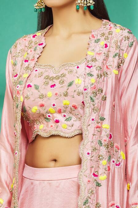 Shop_Surbhi Shah_Pink Jacket And Bustier Pure Spun Silk, Lehenga Hand Embroidered & Skirt Set_Online_at_Aza_Fashions