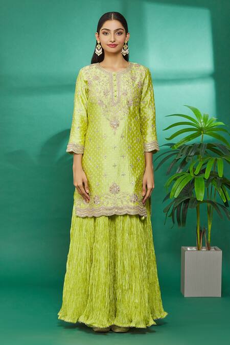 Surbhi Shah_Green Dupatta Organza, Kurta And Skirt Spun Hand Embroidered & Set_at_Aza_Fashions