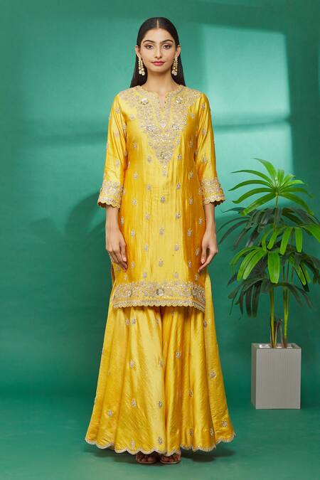 Surbhi Shah_Yellow Dupatta Organza, Kurta And Sharara Pure Spun Silk Hand Embroidered Set_Online_at_Aza_Fashions