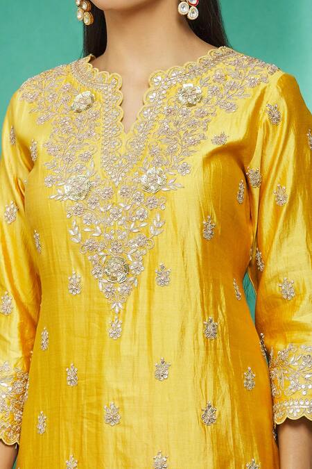 Buy_Surbhi Shah_Yellow Dupatta Organza, Kurta And Sharara Pure Spun Silk Hand Embroidered Set_Online_at_Aza_Fashions