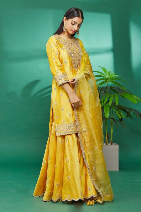 Shop_Surbhi Shah_Yellow Dupatta Organza, Kurta And Sharara Pure Spun Silk Hand Embroidered Set_Online_at_Aza_Fashions