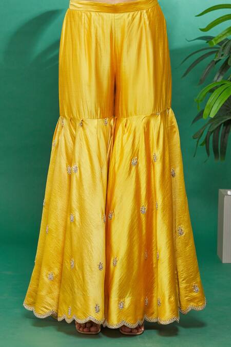 Surbhi Shah_Yellow Dupatta Organza, Kurta And Sharara Pure Spun Silk Hand Embroidered Set_at_Aza_Fashions