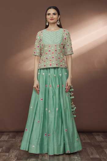 Surbhi Shah_Blue Dupatta Organza, Chanderi Thread, Hand Embroidered Lehenga Set_at_Aza_Fashions