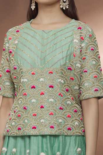 Surbhi Shah_Blue Dupatta Organza, Chanderi Thread, Hand Embroidered Lehenga Set_Online_at_Aza_Fashions