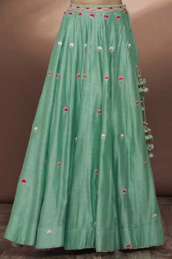 Buy_Surbhi Shah_Blue Dupatta Organza, Chanderi Thread, Hand Embroidered Lehenga Set_Online_at_Aza_Fashions