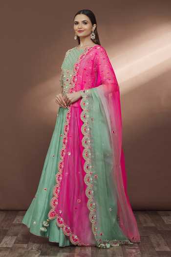 Shop_Surbhi Shah_Blue Dupatta Organza, Chanderi Thread, Hand Embroidered Lehenga Set_Online_at_Aza_Fashions