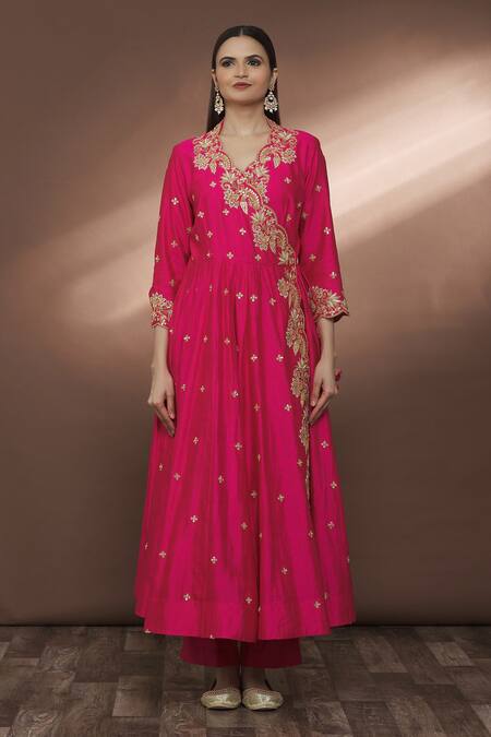 Buy_Surbhi Shah_Pink Dupatta Organza, Spun Silk Bead, Floral Embroidered Angarkha Set_Online_at_Aza_Fashions
