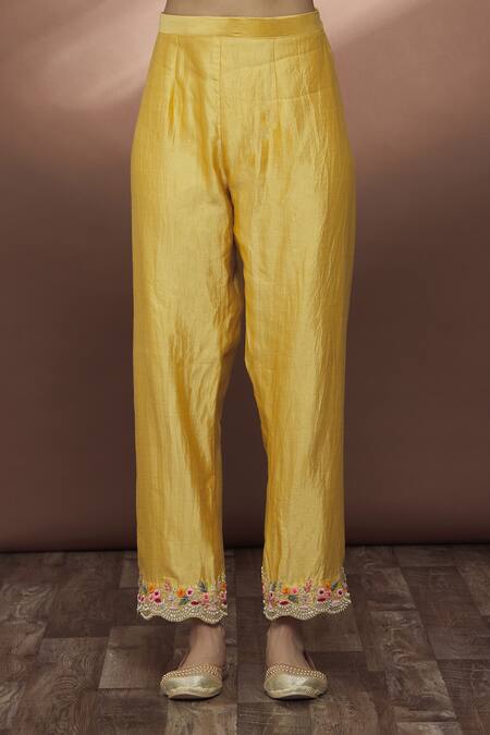 Shop_Surbhi Shah_Yellow Dupatta Organza, Spun Silk Floral Embroidered Kurta Set _Online_at_Aza_Fashions