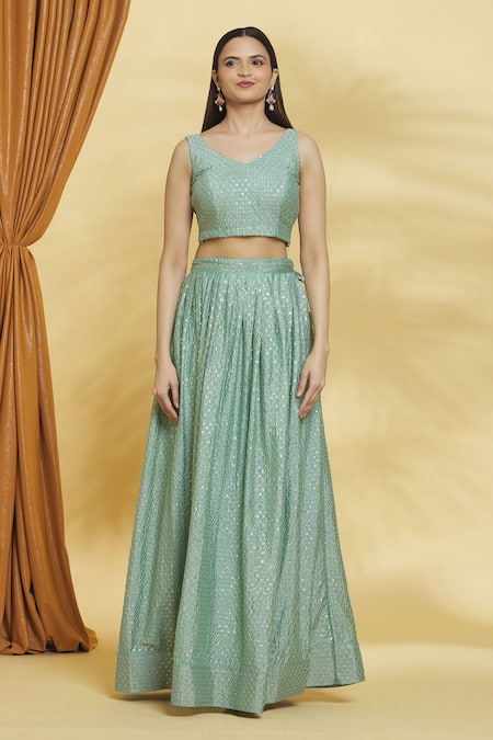 Shop Naintara Bajaj Green Chiffon Sequins V-neck Embellished Lehenga Set Online at Aza Fashions Shop_Naintara Bajaj_Green Chiffon Sequins V-neck Embellished Lehenga Set _Online_at_Aza_Fashions