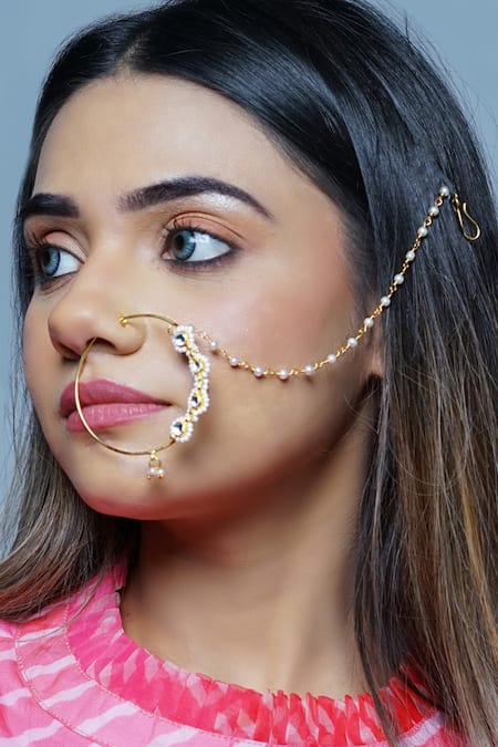 Shop_Namasya_Gold Plated Pearls, Diamonds Kundan Carved Nose Ring _at_Aza_Fashions