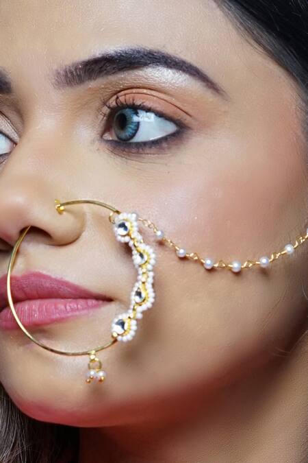 Namasya_Gold Plated Pearls, Diamonds Kundan Carved Nose Ring _Online_at_Aza_Fashions
