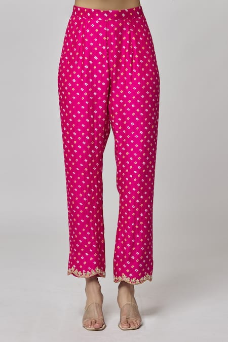 Shop_Surbhi Shah_Pink Silk Sequins, Embroidery, Tassels V-neck Bandhani Print Kurta Set_Online_at_Aza_Fashions