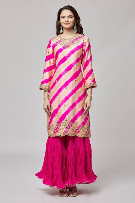 Surbhi Shah_Peach Organza, Silk Tassels Round Neck Leheriya Pattern Kurta Sharara Set _Online_at_Aza_Fashions