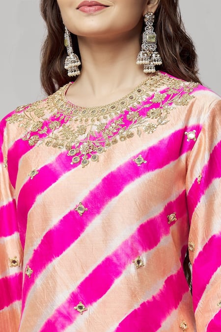 Buy_Surbhi Shah_Peach Organza, Silk Tassels Round Neck Leheriya Pattern Kurta Sharara Set _Online_at_Aza_Fashions