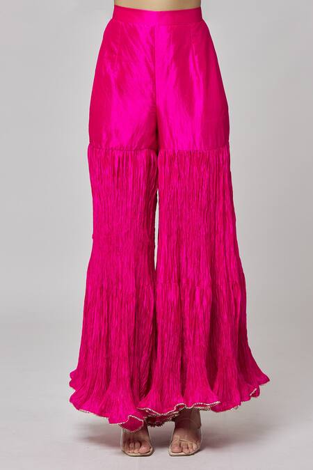 Shop_Surbhi Shah_Peach Organza, Silk Tassels Round Neck Leheriya Pattern Kurta Sharara Set _Online_at_Aza_Fashions