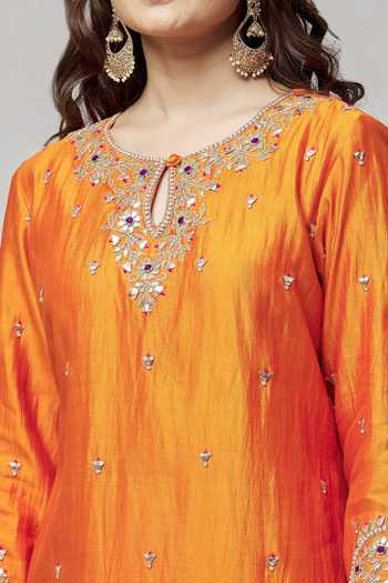 Surbhi Shah_Orange Organza, Spandex, Silk Tassels, Embroidery Keyhole Geometric Kurta Set _Online_at_Aza_Fashions