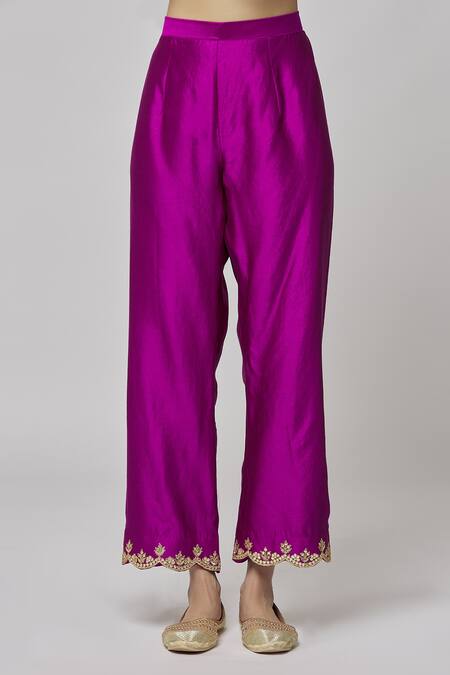 Shop_Surbhi Shah_Magenta Organza, Silk Embroidery, Sequins Split V-neck Kurta Set _Online_at_Aza_Fashions