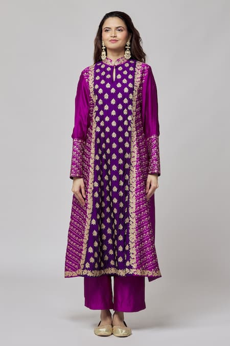 Surbhi Shah_Purple Silk Embroidery Mandarin Collar Full Sleeve Kurta And Pant Set _Online_at_Aza_Fashions