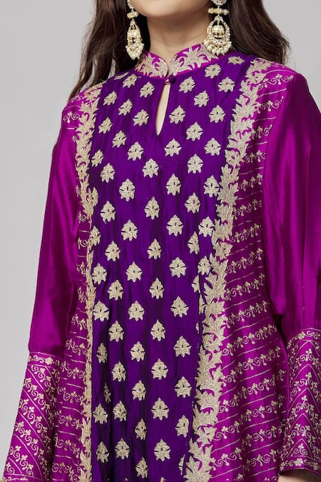 Buy_Surbhi Shah_Purple Silk Embroidery Mandarin Collar Full Sleeve Kurta And Pant Set _Online_at_Aza_Fashions