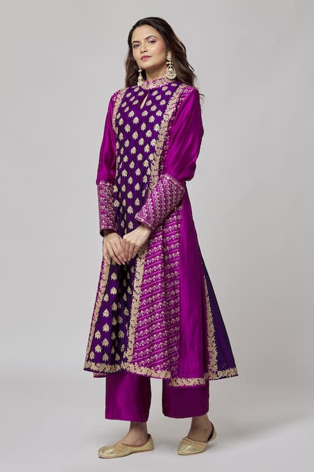 Surbhi Shah_Purple Silk Embroidery Mandarin Collar Full Sleeve Kurta And Pant Set _at_Aza_Fashions