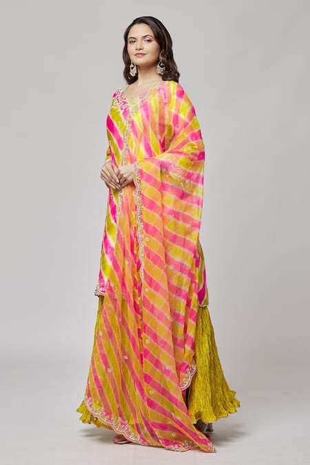 Surbhi Shah_Green Organza, Silk Embroidery, Tassels Scoop Leheriya Pattern Kurta Skirt Set _at_Aza_Fashions