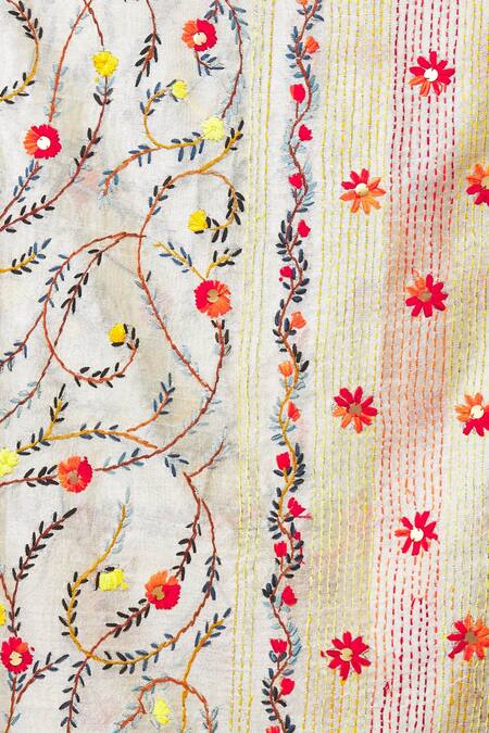 Shop_Samyukta Singhania_Off White Cotton Silk Floral And Figurine Pattern Phulkari Dupatta_Online_at_Aza_Fashions