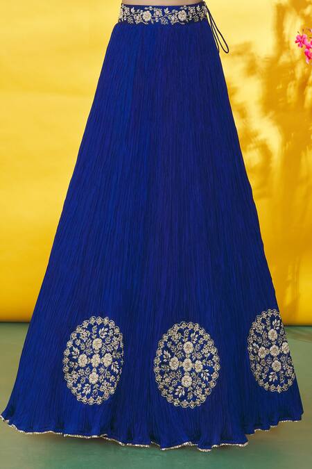 Surbhi Shah_Blue Silk, Organza Embroidery Asymmetric Floral Border Lehenga Set_at_Aza_Fashions