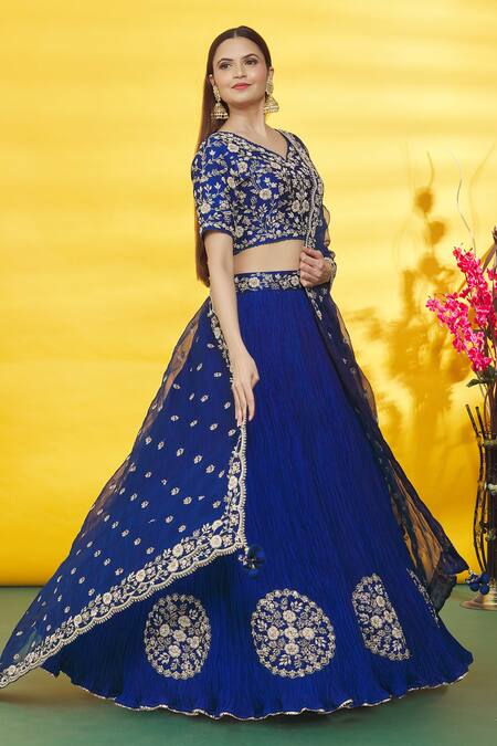 Buy_Surbhi Shah_Blue Silk, Organza Embroidery Asymmetric Floral Border Lehenga Set_Online_at_Aza_Fashions