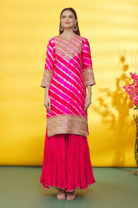 Surbhi Shah_Pink Silk, Organza Embroidery Round Neck Leheriya Pattern Kurta Sharara Set _Online_at_Aza_Fashions