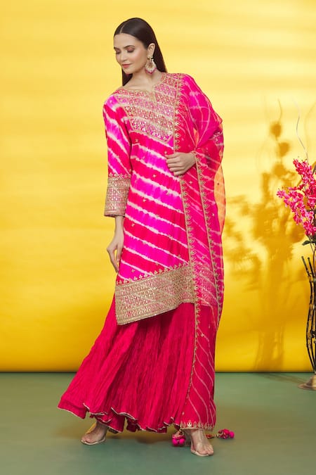 Buy_Surbhi Shah_Pink Silk, Organza Embroidery Round Neck Leheriya Pattern Kurta Sharara Set _Online_at_Aza_Fashions